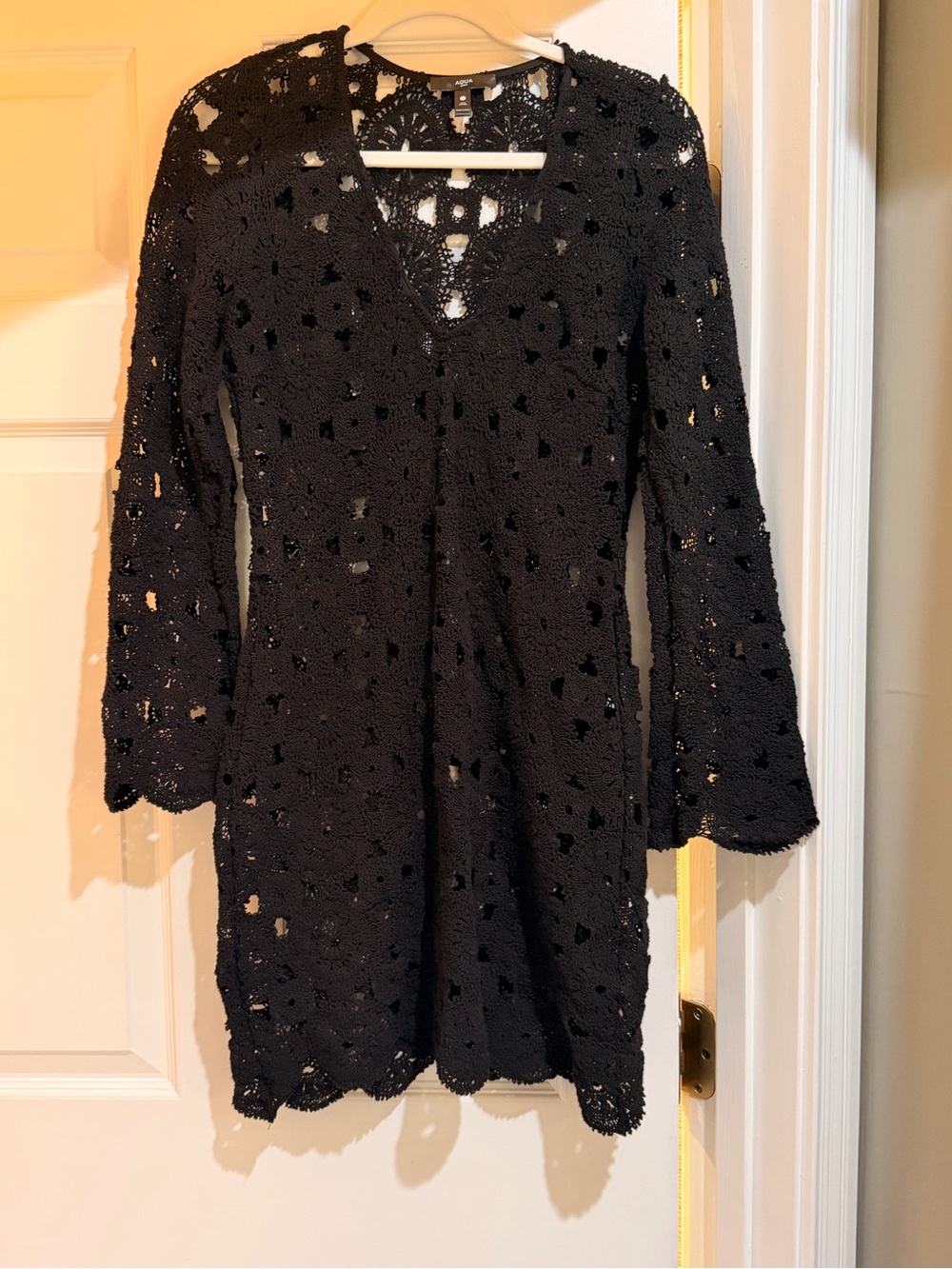 Crochet V-Neck Long Sleeve Dress - Black